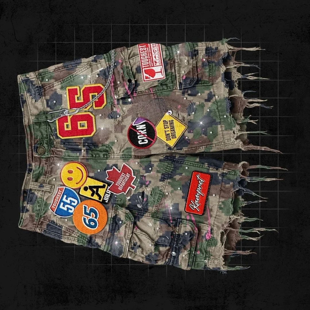Hip Hop Camo Streetwear Patchwork Denim Short Y2K Jeans Men Women Cartoon Graphics Loose Retro Camo Denim Fitness Casual Shorts