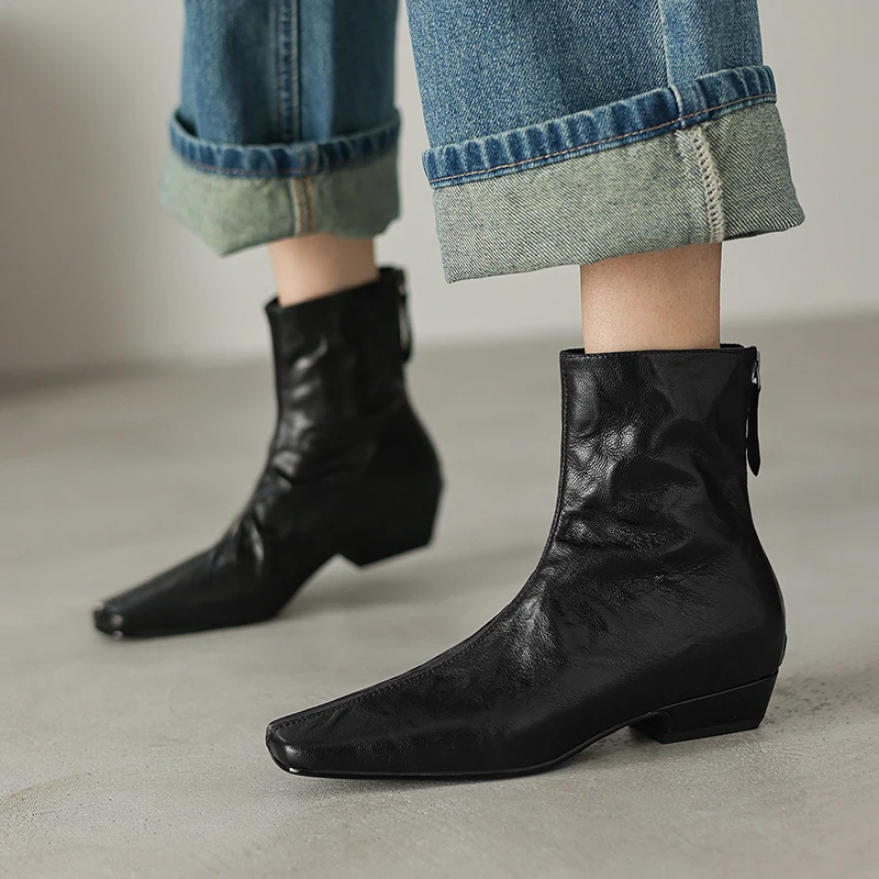 Women's Pleated Sheepskin Square Toe Side Zip 2027 New Autumn Ankle Boots 3cm Kitten Heel Elegant Ladies Short Booties Shoes