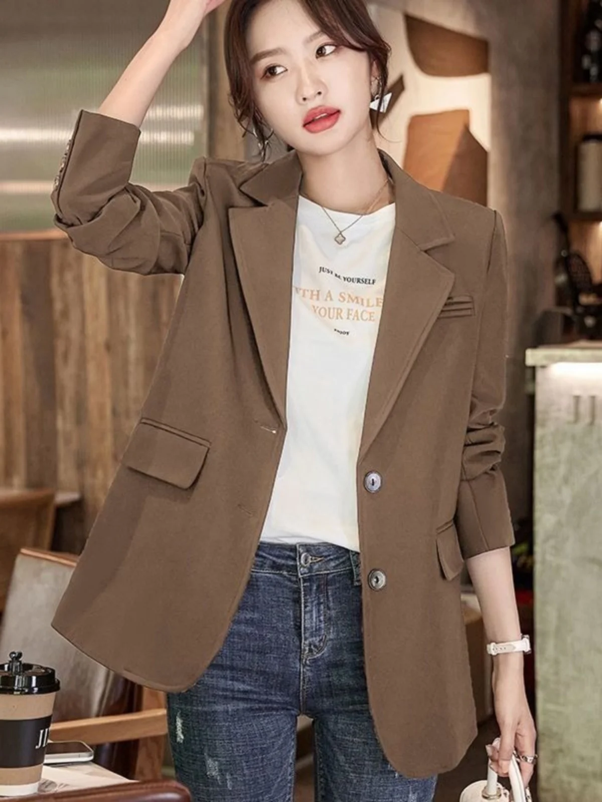Casual OL Coffee Color Suit Jacket Loose Design High Quality Vintage Style Women's Fashion Spring Autumn New Arrival