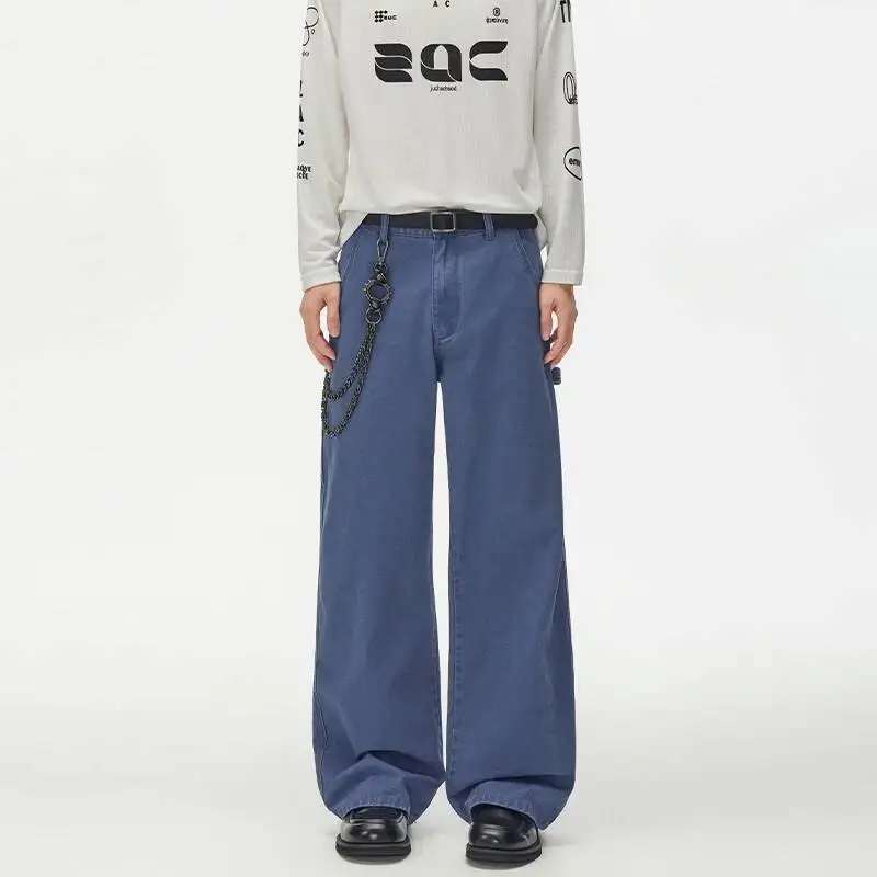 Men's Autumn New American Style Washed Work Blue Straight Leg Lumberjack Pants Versatile Casual Long Trousers MKY8