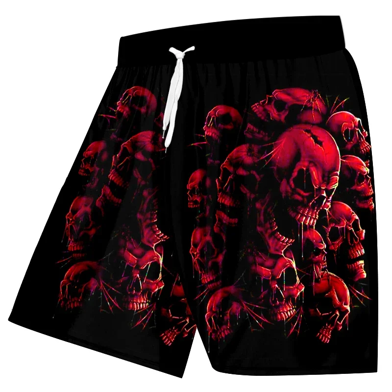 Men 3D Printed Red Skull Cluster Pattern Shorts Polyester Summer Drawstring Elastic Waist Beach Casual Swim Board Shorts