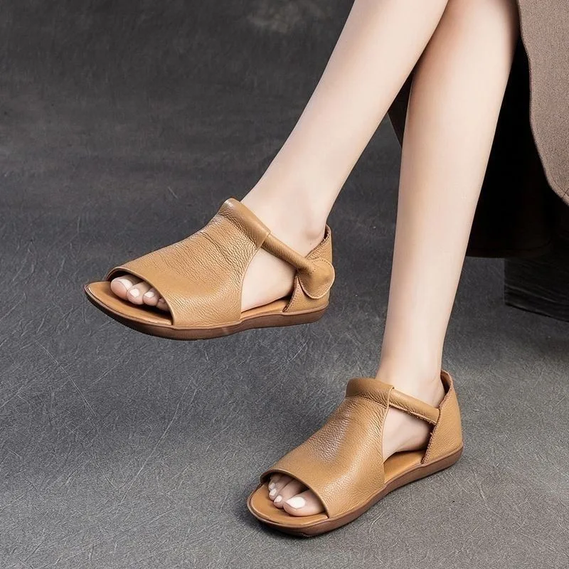 Summer Peep Toe Flat Women Sandals 2026 New Fashion Solid Hollow Round Toe Soft Soled Female Shoes Comfortable Casual Sandals