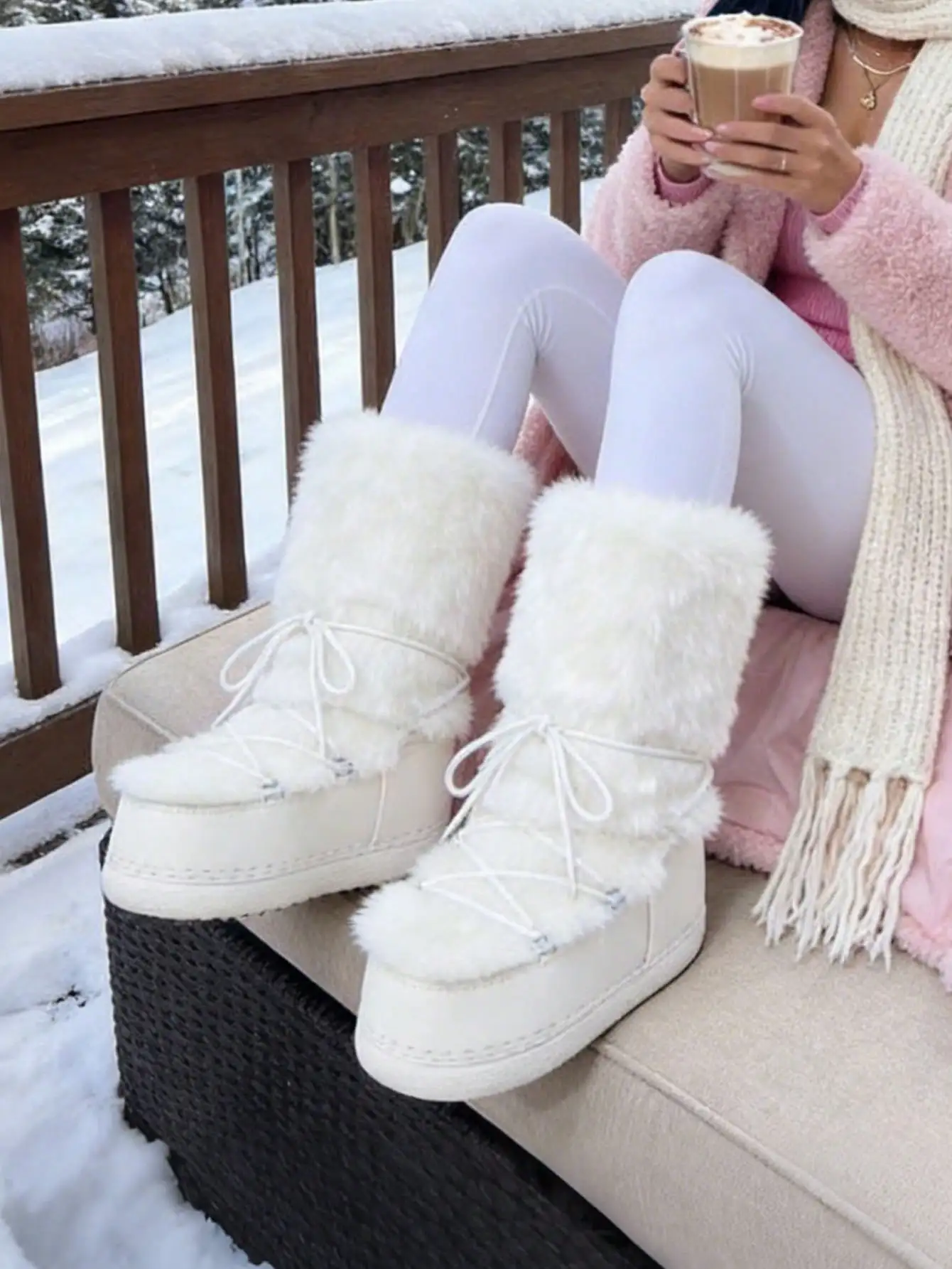 Fluffy Fuzzy Fashion Platform Mid-Calf Winter Boots For Women Wedges Heel Lace-Up Faux Fur Warm Snow Boots Round Toe Comfy Casual Ankle Shoes