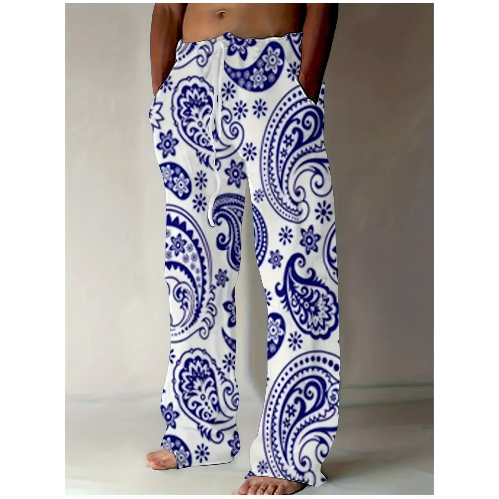 Men's Comfortable Drawstring Beach Pants 3D Flag Printed Pants Breathable Comfortable Straight Leg Leisure Drawstring Beach Pant