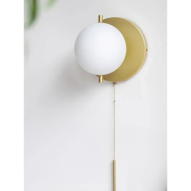 Nordic Pull-Chain Switch Wall Lamp Modern Glass Sphere Magic Bean Light for Bedroom Kitchen Living Room Background Wall Decor