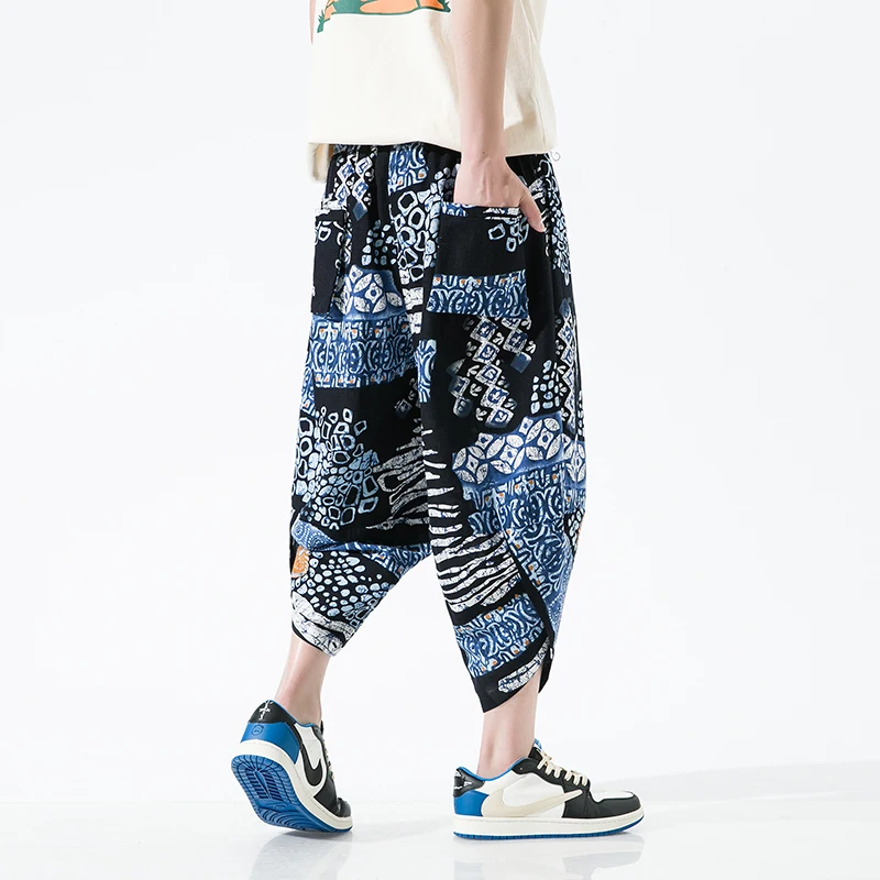 Summer Men Thin Print Beach Pants Mens Casual Ankle-Lenght Harem Pantalon Turnip Trousers Male Ethnic Style Wide Leg Pants