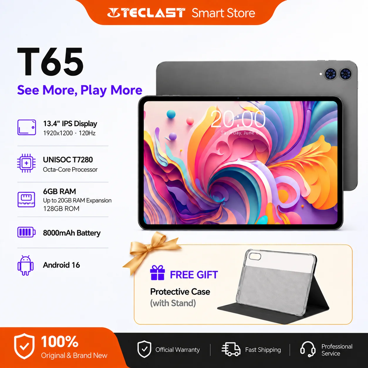 Teclast T65 13.4 Inch Android 16 Tablet Gemini AI 120Hz FHD+ Octa Core 6GB+128GB 8000mAh 4G LTE GPS Widevine L1 Netflix HD