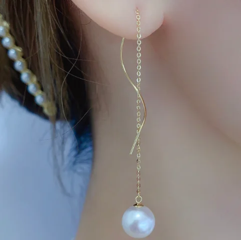 18k real gold earrings S shape long earrings drop earring for women natural peal earring karat gold earringss