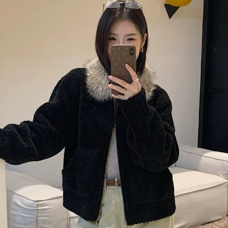2026 New Short Shearling Padded Jacket Women Fur Collar Zip Front Ribbed Hem Cuffs Thick Solid Trendy Fall Winter