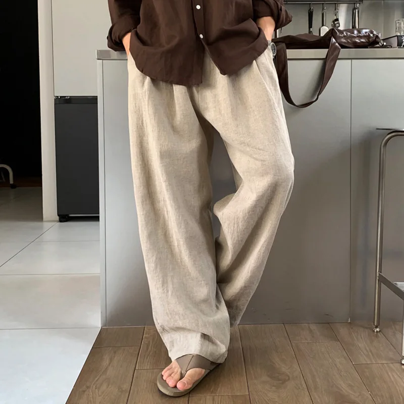 French Simple Linen Casual Pants Spring Summer New Fashionable Lazy Loose Solid Color Men's Pleated Wide Leg Trousers