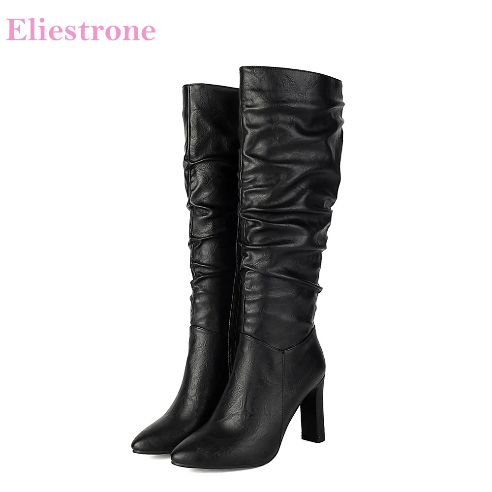 New Winter Mature Black Brown Women Knee High Boots Pointed Toe High Heel Lady Nude Shoes Plus Small Big Size 11 33 43 45