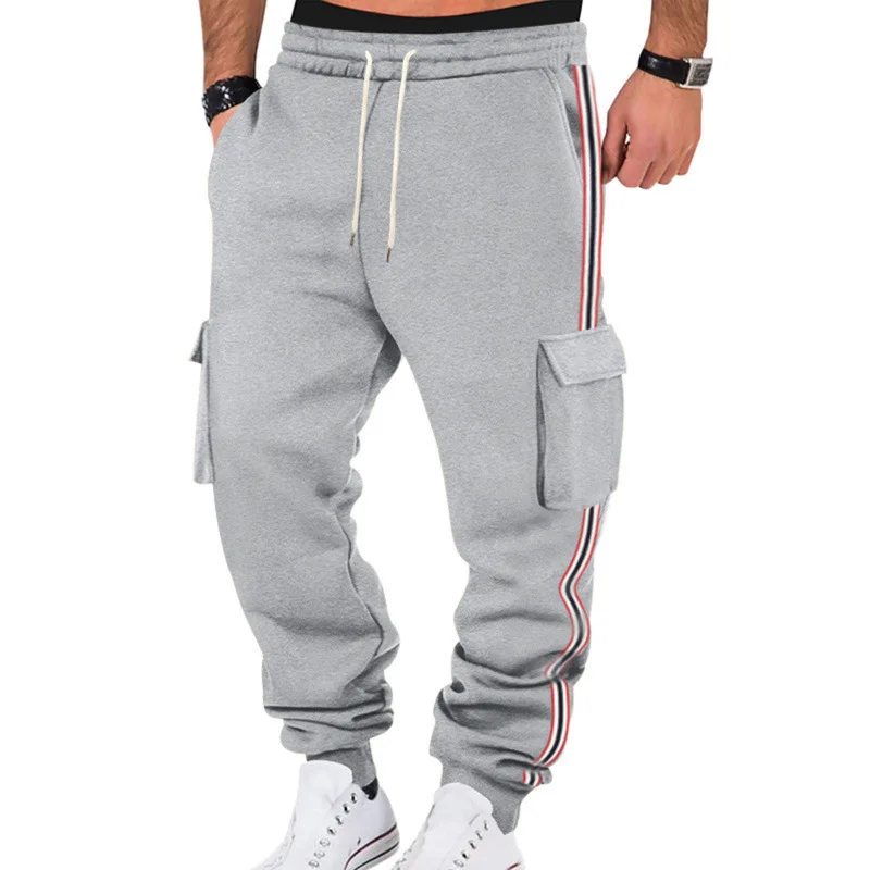 Men's Striped Side Cargo Joggers Loose Fit Drawstring Casual Sports Pants With Multi Pockets