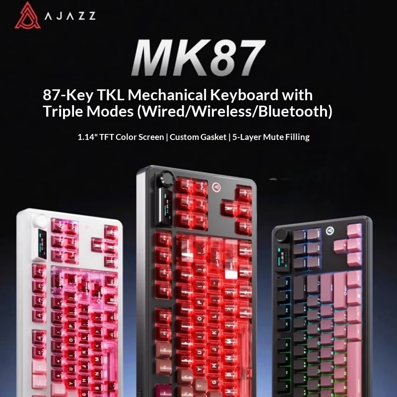 Ajazz Mk87 Mechanical Keyboard Wireless Bluetooth Gaming Office Computer Hot Swap Screen With Wired Option For Desktop Laptop