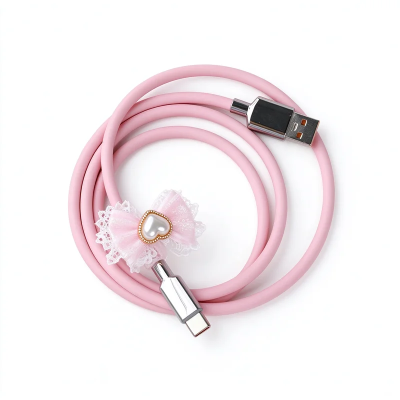 Customized Cute Pink Custom Coil Keyboard Cable Liquid Silicone Usb-c Pilot Cable Lace Bow Decoration Mechanical Keyboard Cable