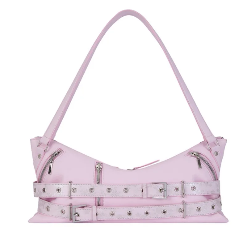 Women Pink PU Leather Shoulder Bag with Belt and Rivets Y2K Punk Baguette Handbag with Zipper for Daily Party