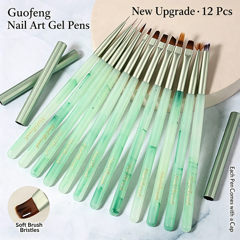 12Pcs Chinese Style Green Handle Nail Art Brush Set Soft Bristle With Caps UV Gel Liner Gradient Flower DIY Manicure Salon Tools