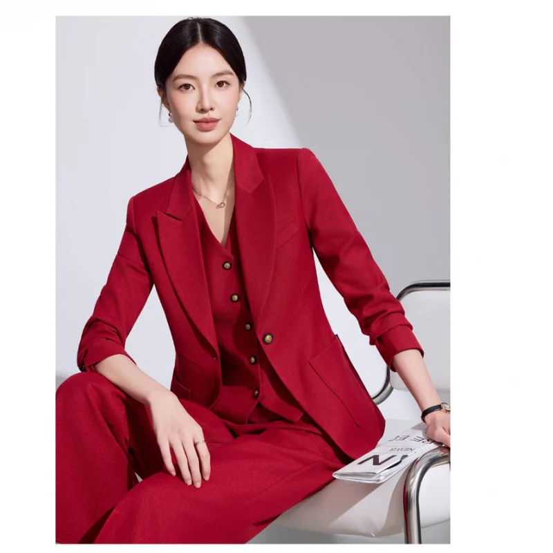Red suit set for wedding host, vintage Hong Kong style vest, complete workwear set2025New women's blazer