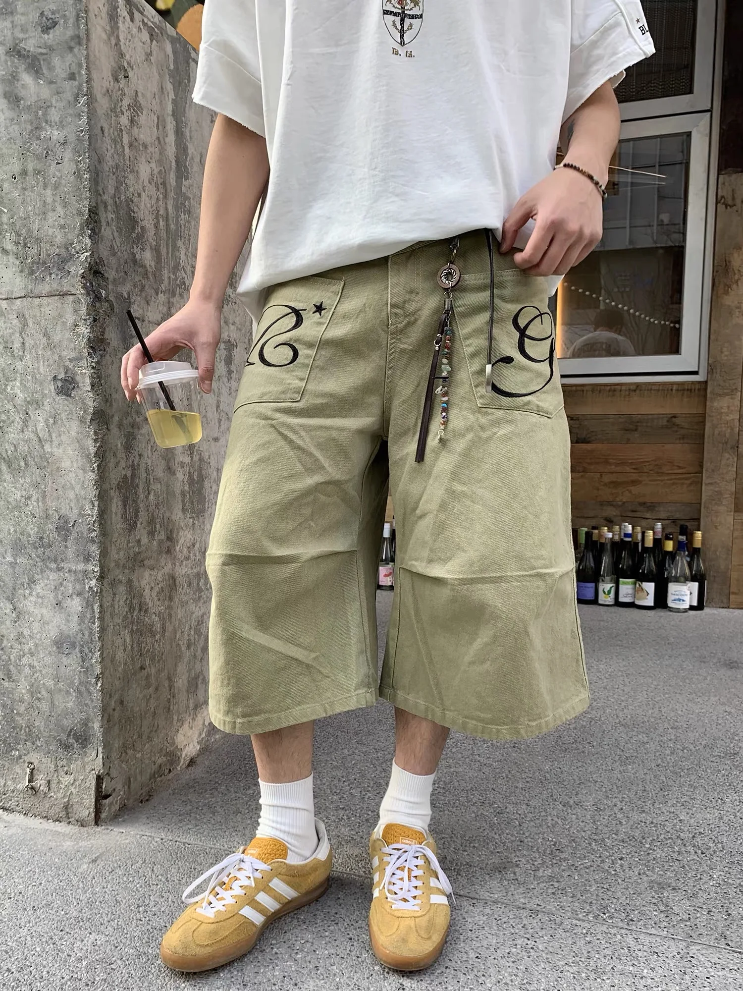 American Streetwear Style Embroidered Wide Leg Seven-Foot Pants Unisex Summer Versatile Mid-Low Waist Casual Knee-Length