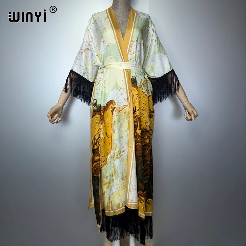 WINYI Boho Kimono Dress Summer Beachwear Abaya for Muslim Women Tassel Detail Cardigan Style Holiday Party Robe Luxury Dubai Sty