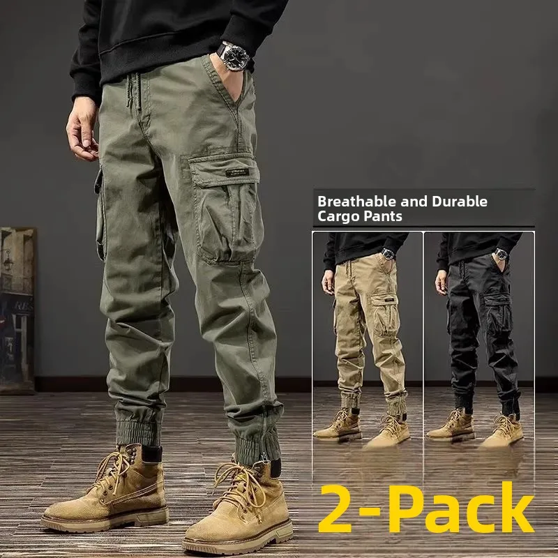 American Style Men's Outdoor Workwear Pants Spring Autumn Large Size Loose Multi-Pocket Cuffed Trousers Wear-Resistant Workwear