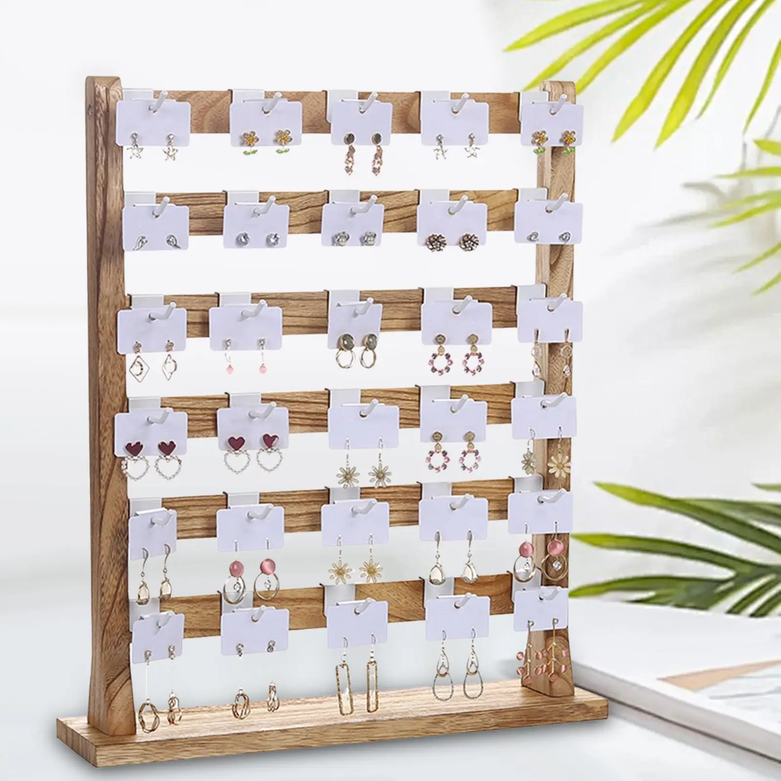 Hanging Earring Cards Display Stand Wooden Jewelry Holder Rack with Hooks for Necklace Bracelet Ring Organizer Women Girls Gift