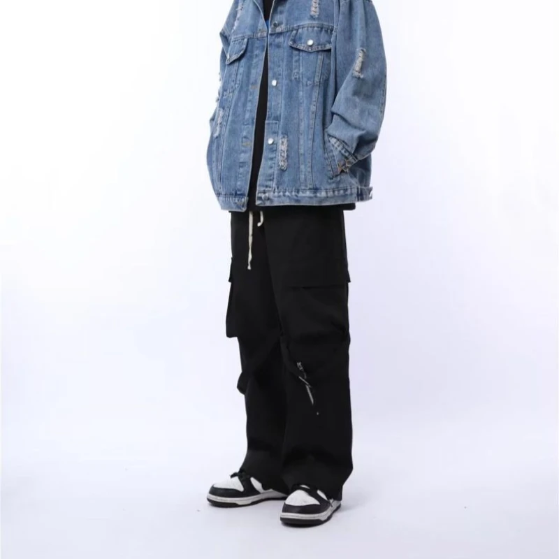Trendy Mens Work Style Pants with Vintage Zipper Straight Leg Wide Leg Casual Trousers for School Sports Street Fashion