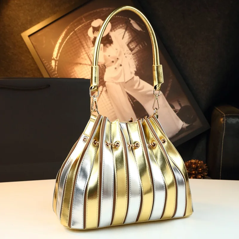 Versatile Fashion Trendy Casual Pleated Chain Drawstring Bucket Bag Women, Color-Contrast Handbag, Women's Shoulder Crossbod