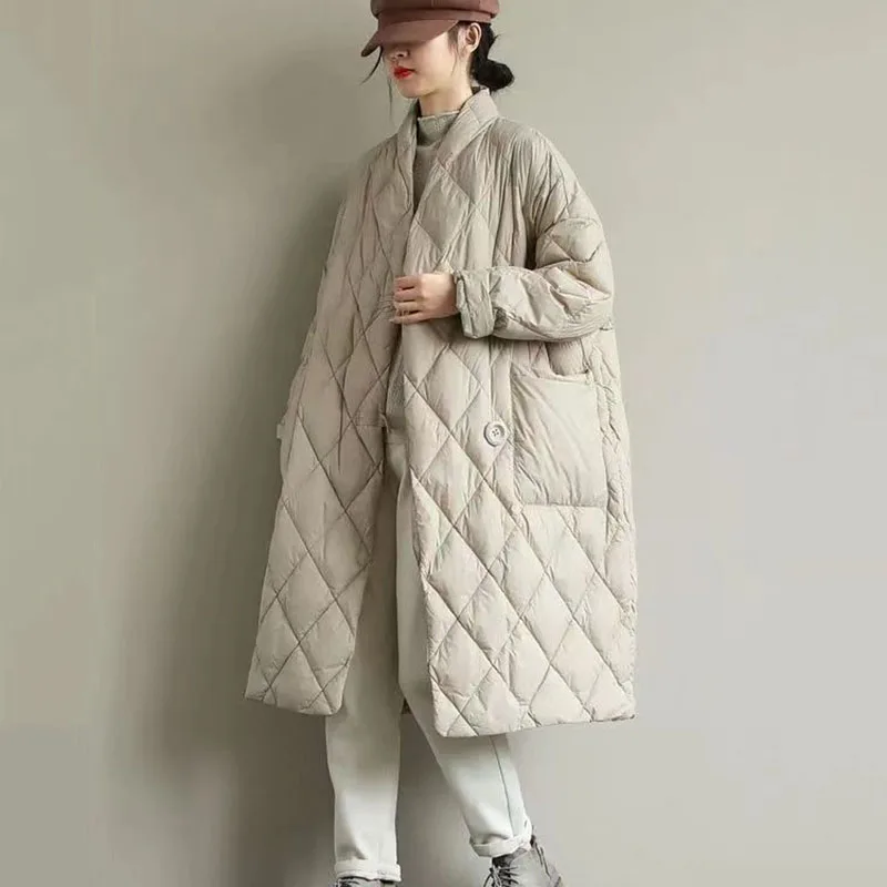 Oversized Women Parkas Overcoat New  Autumn Winter Stand collar Diamond Grid Down Cotton Jacket Female Long Warm Padded Jackets