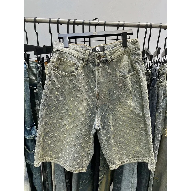 Fashion Casual Summer Light Blue Distressed Men Denim Shorts Smart Straight Leg Loosen Male High Street Niche Design Tide Shorts