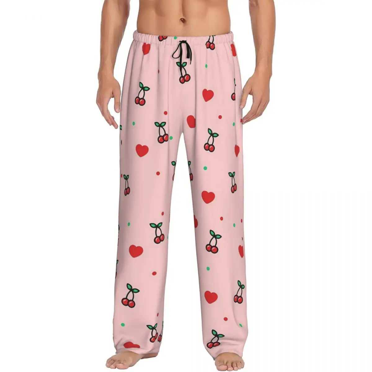 Custom Cherry Heart Design Pattern With Pink Background Pajama Pants Men Sleepwear Sleep Lounge Bottoms with Pockets