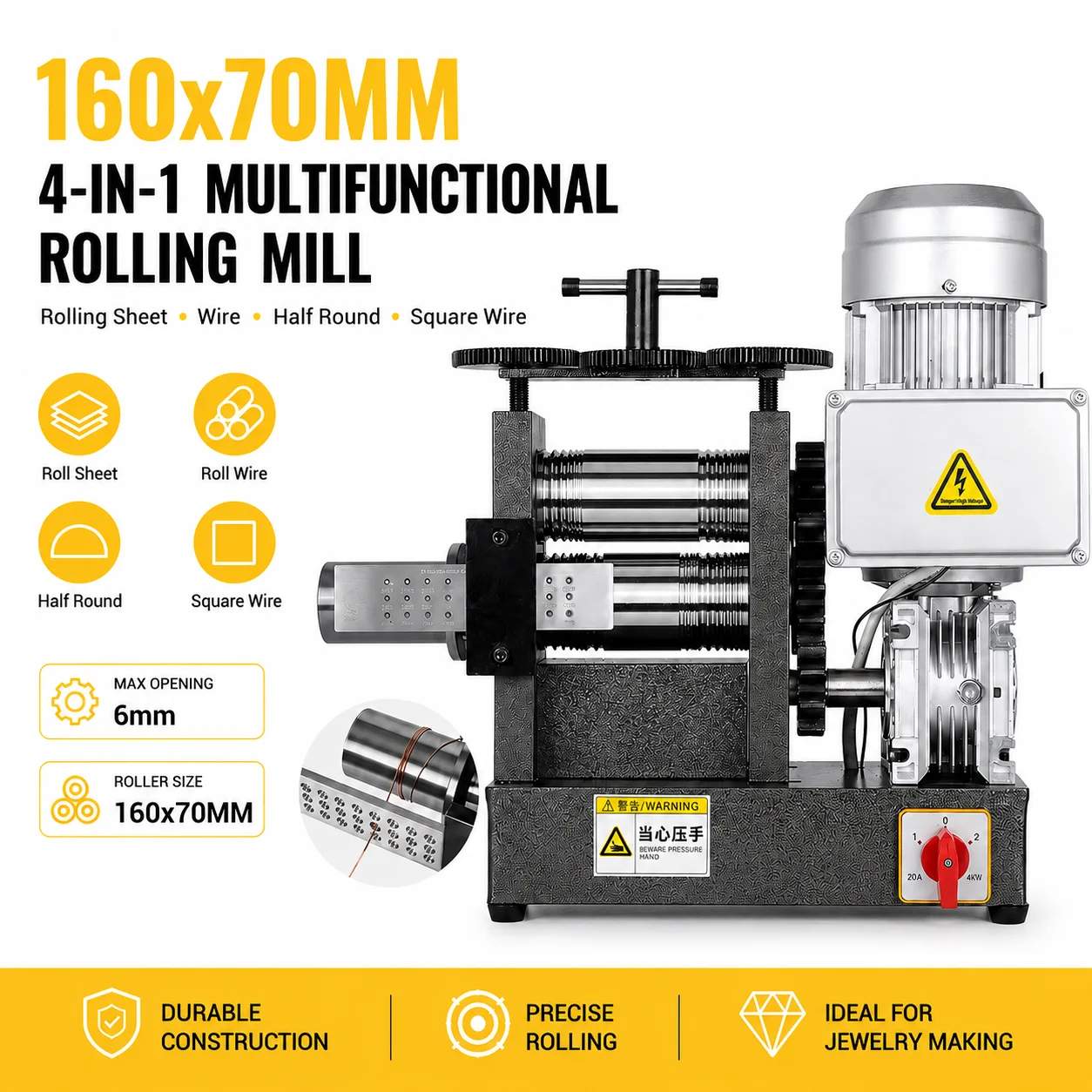 110V 750W Electric Jewelry Rolling Mill 160X70mm Roller With Wire Drawing Device for Gold Silver Metal Processing Jewelry Sheet Wire Semicircle Pressing Machine 4-in-1 Jewelry Press Gold Silver Rolling Mill Machine