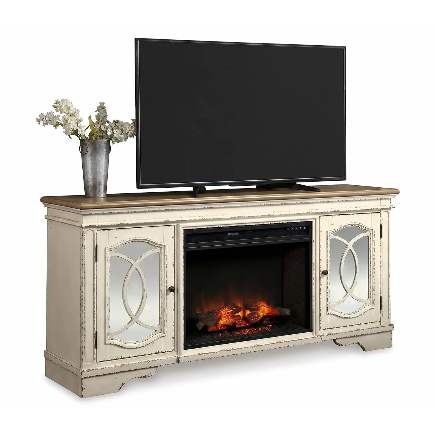 74" Electric Fireplace TV Stand, Chipped White