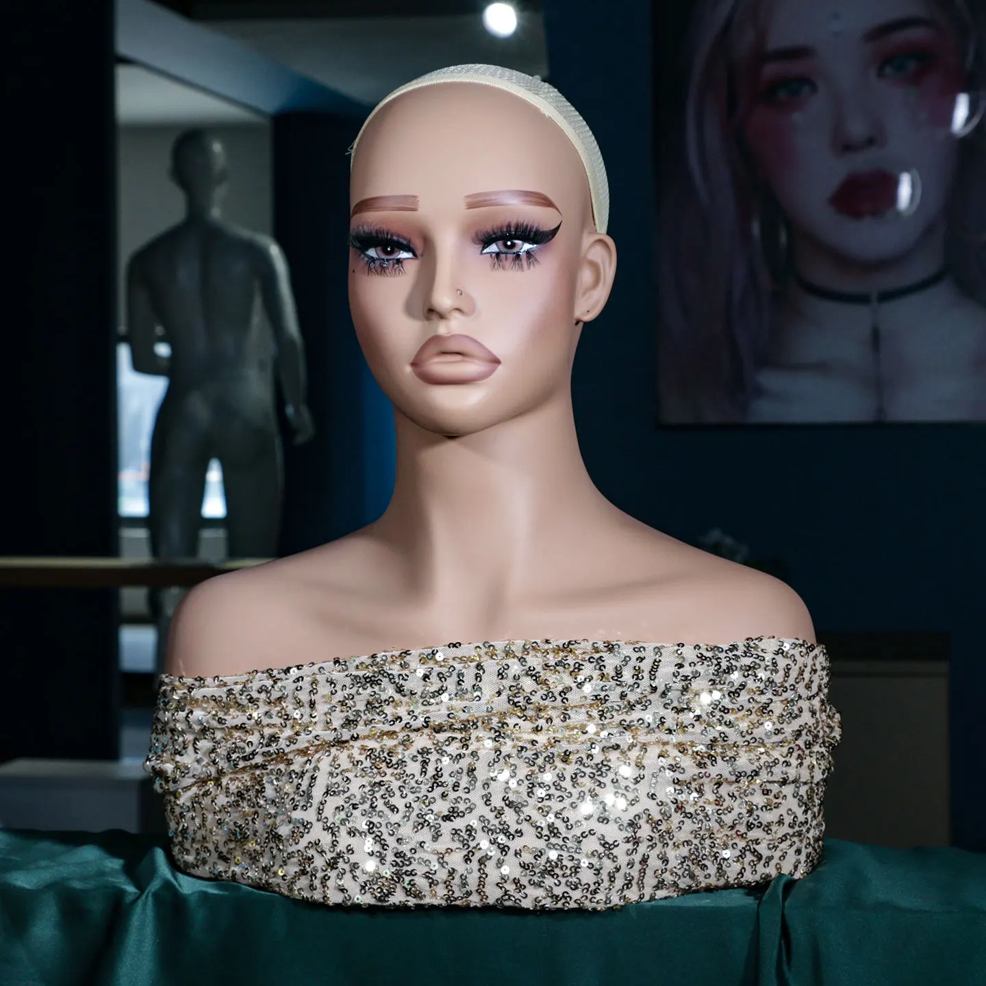 Realistic African Female Mannequin Head with Shoulders, Makeup Bust Wig Head with Fuller Lips Eyelashes Ear Holes Wig Dummy Head