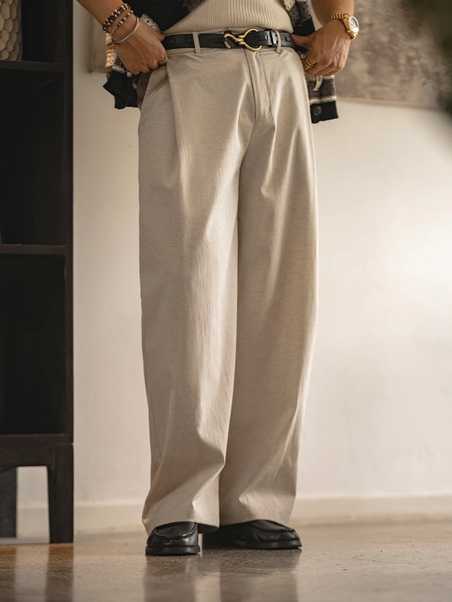 American Retro Linen Men's Casual Pants Summer New Loose Old Money Style Wide Leg Straight Tube West Pants Casual Loose Fit