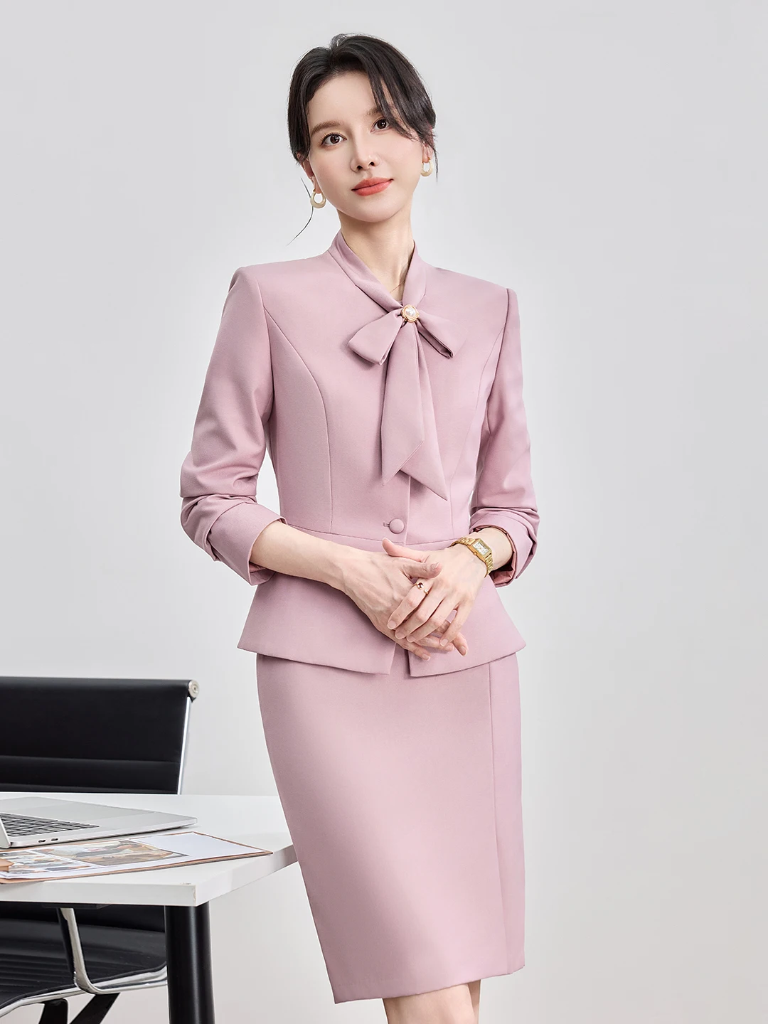 Fashionable  Knot Suit Jacket Women's Autumn New Style Commute Professional Career Polyester Fiber Full Lined Long S...