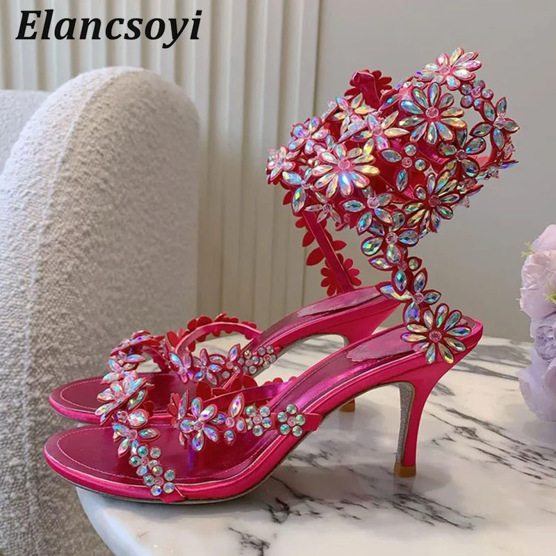Fairy Thin Heel Sandals Women Crystal Flower Butterfly Ankle Snake Shaped Winding Wedding Shoes Summer Sexy High Heel Sandalias