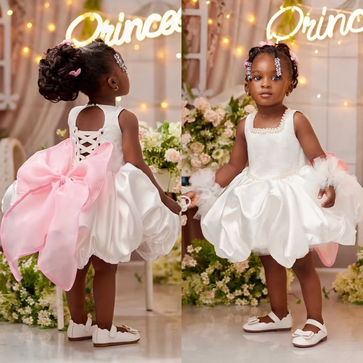Pearls White Flower Girl Dresses for Wedding Pink Bow Birthday Party Gowns Customized Girl Dress Princess Gown