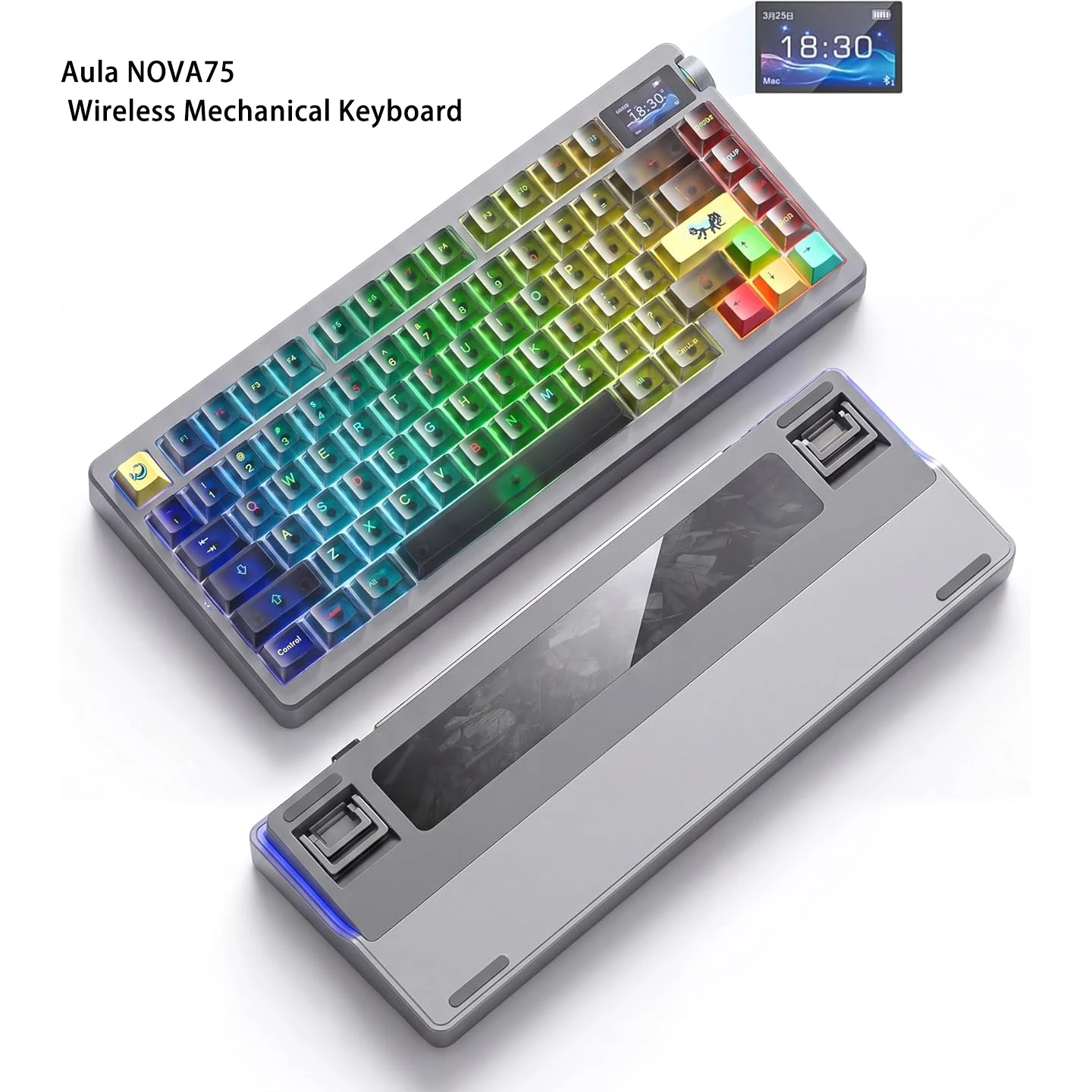 Aula NOVA75 75% Gasket Tri-Mode Keyboard 1.14"TFT Screen Knob Carbon Fiber 8000mAh Hot  Custom Mechanical Keyboard for PC Gamer