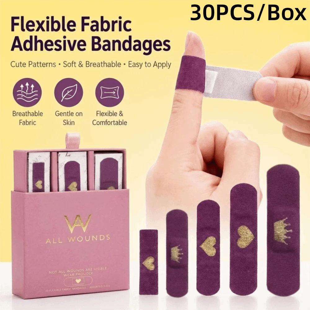30PCS/Box Gift Box Elastic Cloth Bandages Flexible Fabric Stretchy Adhesive Bandages Love Crown Breathable Cartoon