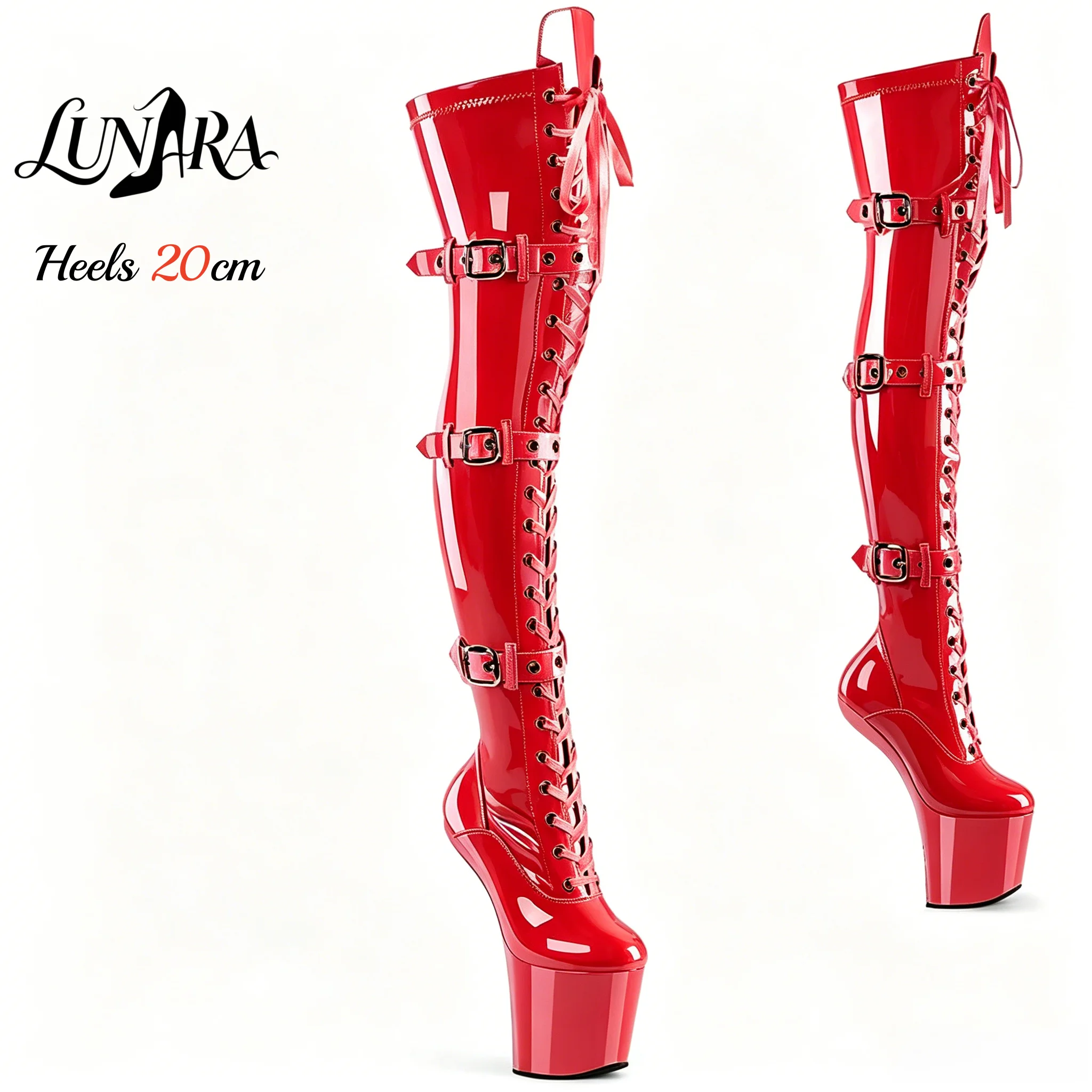 20cm/8Inch Red Patentleather Lace-up Buckle Closedtoe High Platform Overknee boots Stripper shoes Pole dance Nightclub Rave