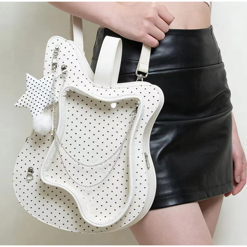Cute Polka Dot Guitar Shaped Ita Bag Women Aesthetic Clear Window Crossbody Backpack Novelty Shape Handbag Kawaii Shoulder Bag