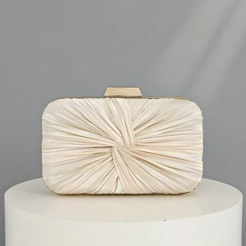 Cross-knot Pleated Satin Evening Clutch Female Stylish Apricot Color Handbag Wedding Party Small Square Box Purse Sacs De Soire