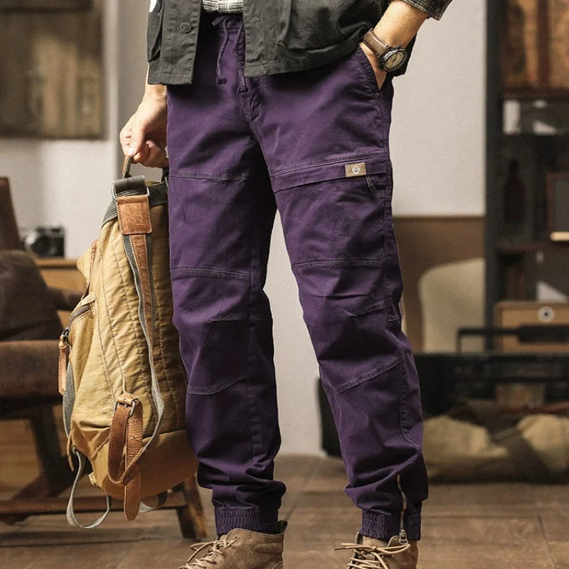Men's Cotton Cargo Pants Elastic Waist Stretch Casual Jogger Multi Pocket Ankle Length Zipper Purple Drawstring