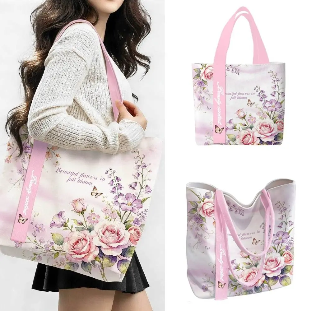 Portable Floral Canvas Tote Bag Reusable Lightweight Shoulder Bag Large Capacity Shopping Bag For Work
