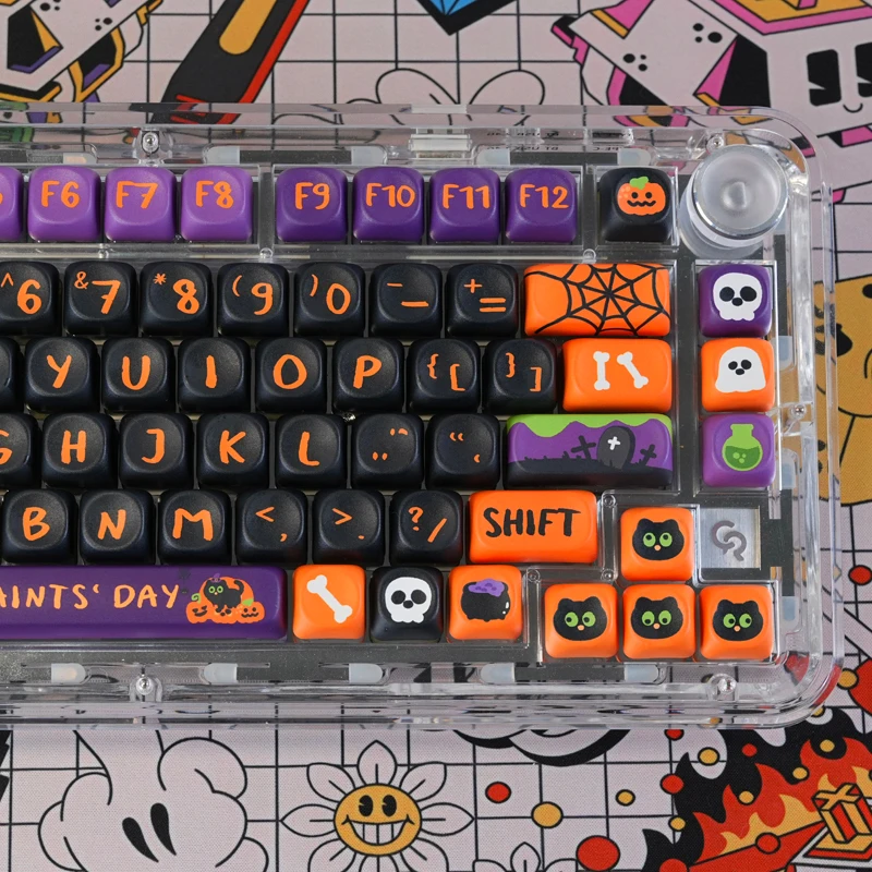 Halloween Theme Custom Keycaps,130 Keys MOA Profile Double Shot Cute DIY PBT Key Caps Set For Mechanical Keyboards 60% 75%