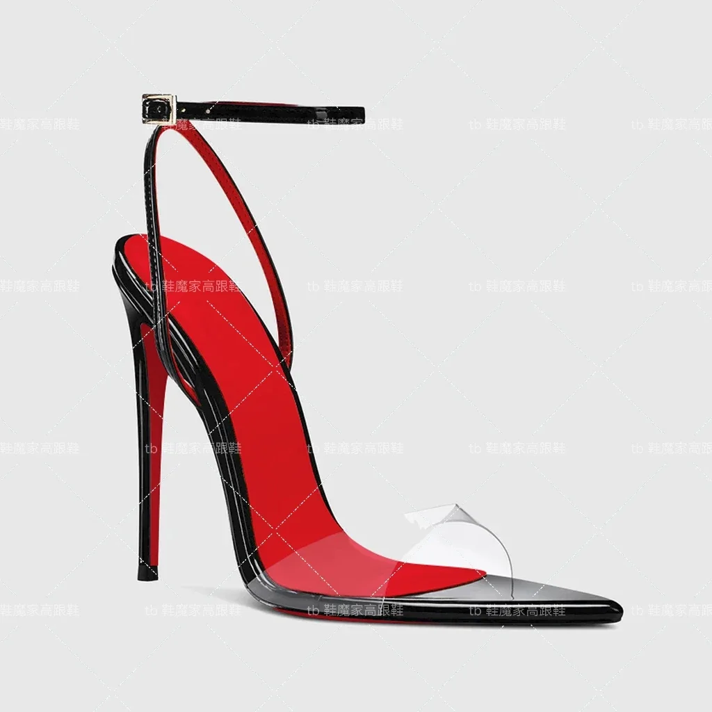 Customized new sexy high-heeled shoes with black pointed toes and exposed toes straight buckle strap thin heel sandals for women