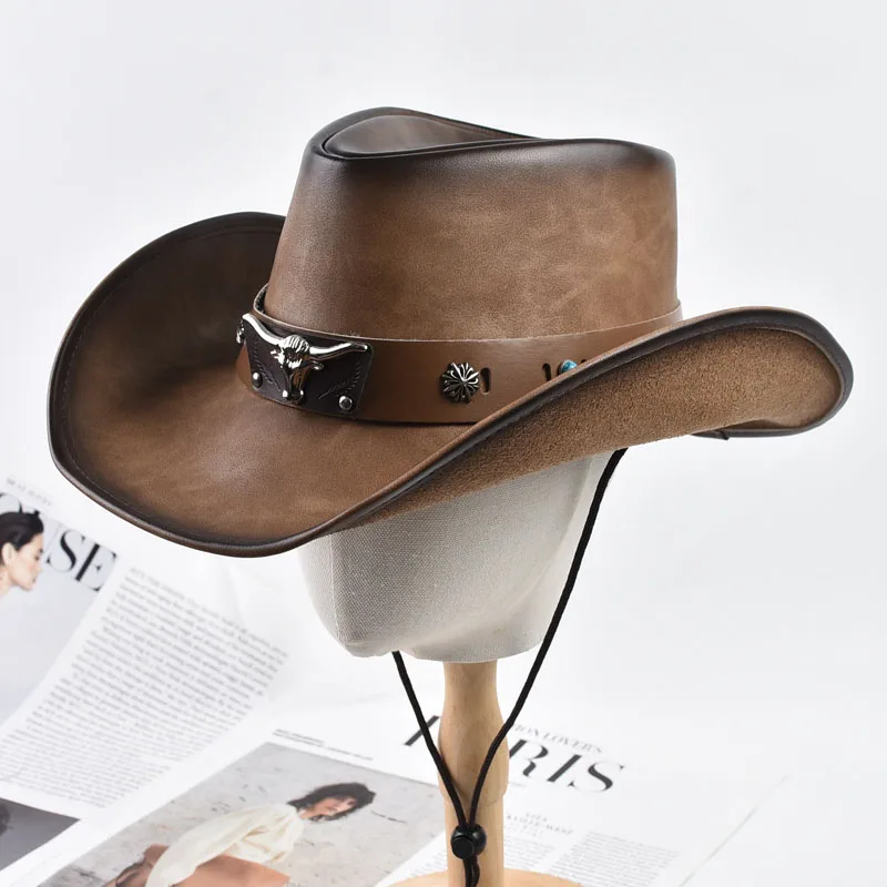 100% Leather Western Cowboy Hat For Men Women Vintage Roll Brim Knight Hat Gentleman Church Cap Sombrero Hombre