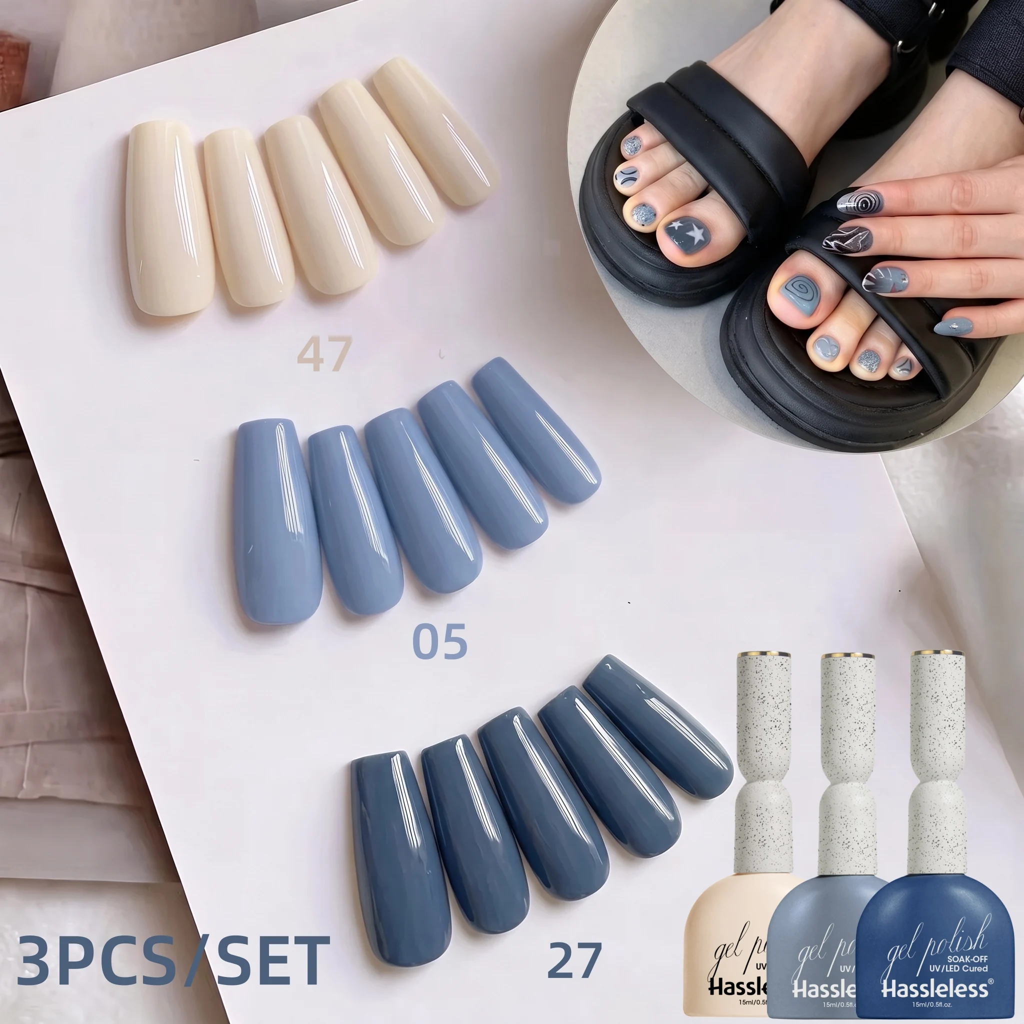 Hassleless 3Pcs Gentle Low-Saturation Nail Gel Set, Understated and High-End, the Preferred Choice for a Stylish Look on Both Hands and Nails, with Even and Long-Lasting Color, a Must-Have Nail Gel for Beginners, Fashionable Nail Art Design, DIY Nail Art at Home