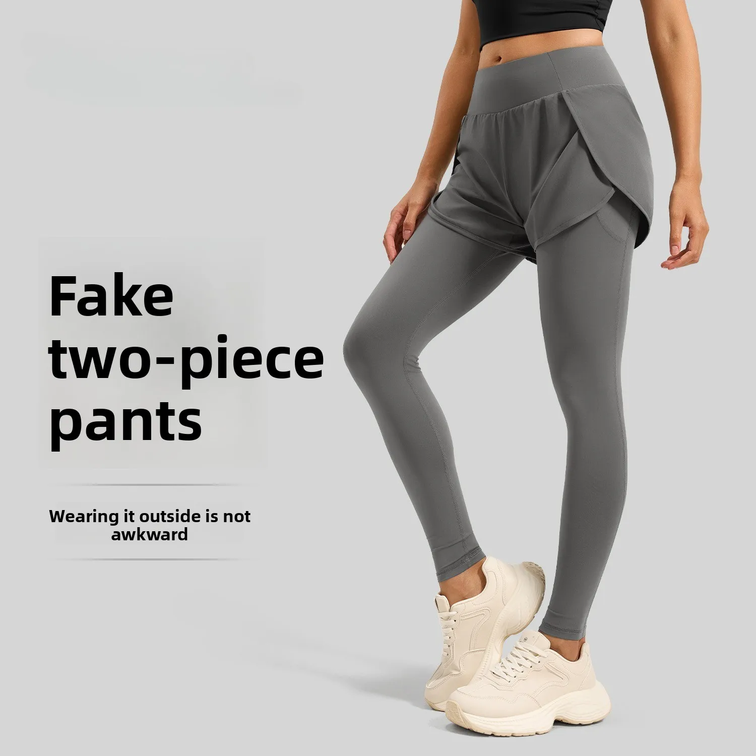 Latest Model Fake Two Piece Pocket Yoga Pants High Waist Hip Lift Running Fitness Sports Leggings