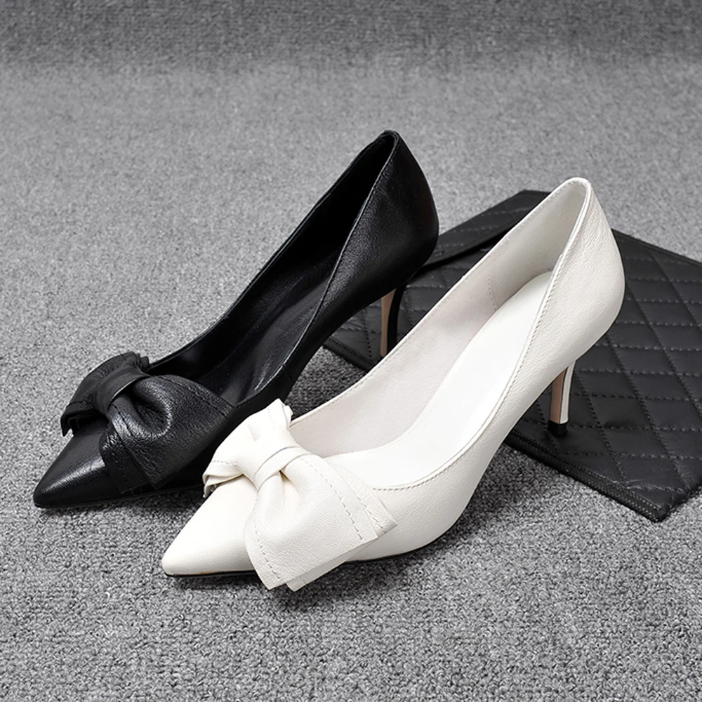 Lovirs Women's plus Size Bowknot mid Heel Slip-On Pumps Pointed Toe Stiletto Heels for Party Office US5-15 Cute Lady Shoes